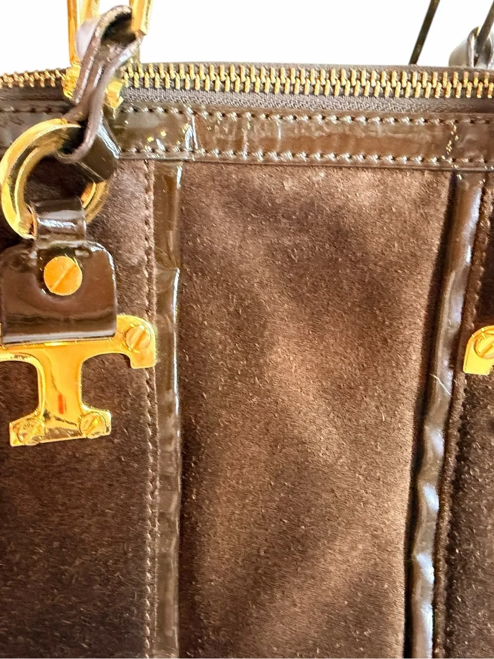 Tory Burch Brown Suede Leather Dome Satchel Gold Hardware Top Handle Bag